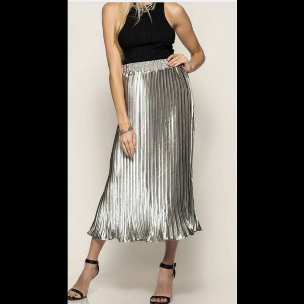 Silver Metallic Pleated Skirt